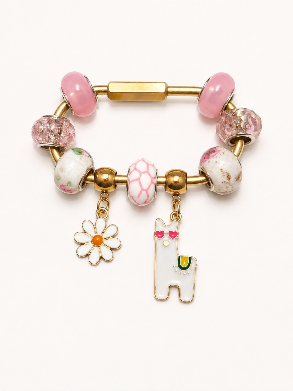 Handmade Pink Floral Llama Gold Tone Brass Carabiner Bag Charm Keychain